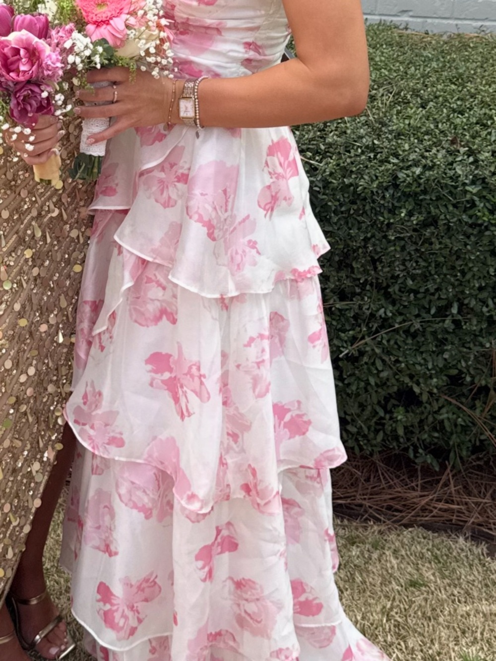 Hello Molly White and Pink Floral Ruffled Prom Dress